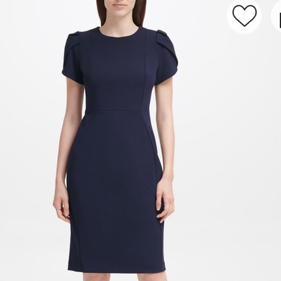 Same Pencil Dress except Red. Jewel neck, Short puff sleeve. - Picture 2 of 14